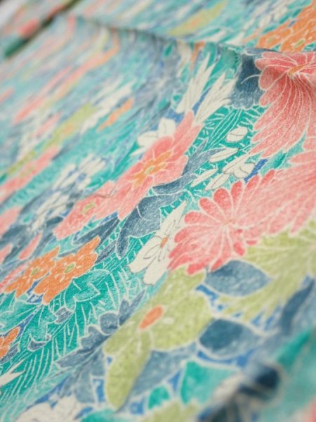 Photo4: 3D08z40  Japanese Kimono Silk  FABRIC Flowers Cyan 85.0x7.1 (4)