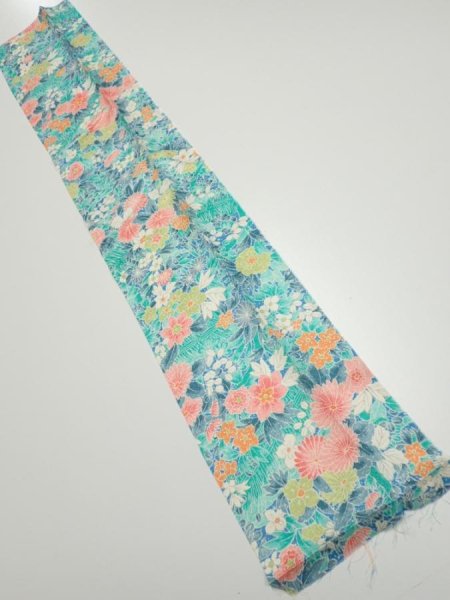 Photo1: 3D09z20  Japanese Kimono Silk  FABRIC Flowers Cyan 36.2x7.1 (1)