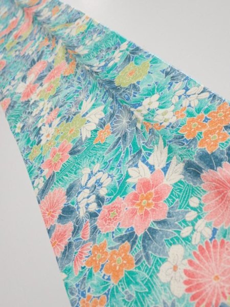 Photo2: 3D09z20  Japanese Kimono Silk  FABRIC Flowers Cyan 36.2x7.1 (2)