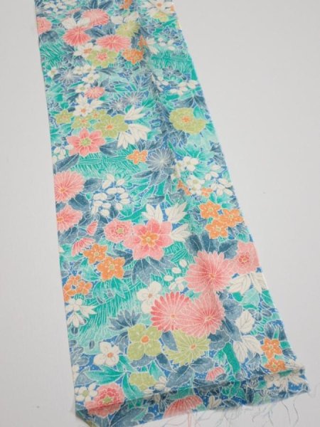 Photo3: 3D09z20  Japanese Kimono Silk  FABRIC Flowers Cyan 36.2x7.1 (3)