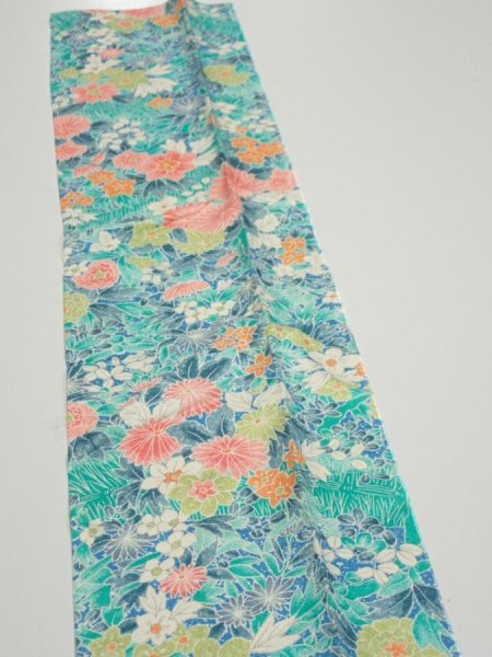 Photo4: 3D09z20  Japanese Kimono Silk  FABRIC Flowers Cyan 36.2x7.1 (4)
