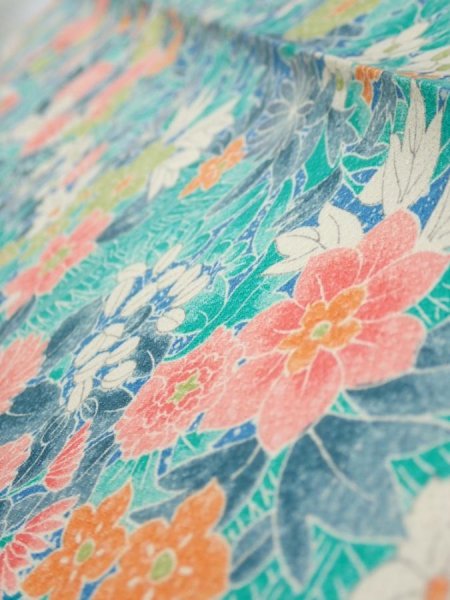 Photo5: 3D09z20  Japanese Kimono Silk  FABRIC Flowers Cyan 36.2x7.1 (5)