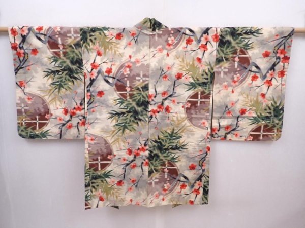 Photo1: 6012T01z420 Vintage Japanese Kimono Silk MEISEN HAORI Plum blossom (1)