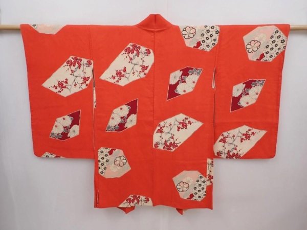 Photo1: 6012T02z550 Vintage Japanese Kimono Silk HAORI Plum blossom Tomato red (1)