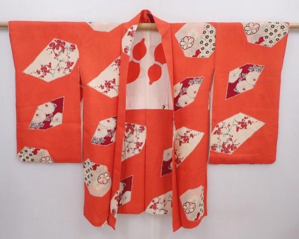 Photo7: 6012T02z550 Vintage Japanese Kimono Silk HAORI Plum blossom Tomato red (7)