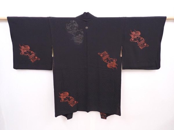 Photo1: 6012T03z570 Vintage Japanese Kimono Silk HAORI Shishi Black (1)