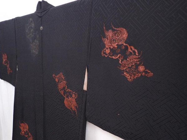 Photo2: 6012T03z570 Vintage Japanese Kimono Silk HAORI Shishi Black (2)