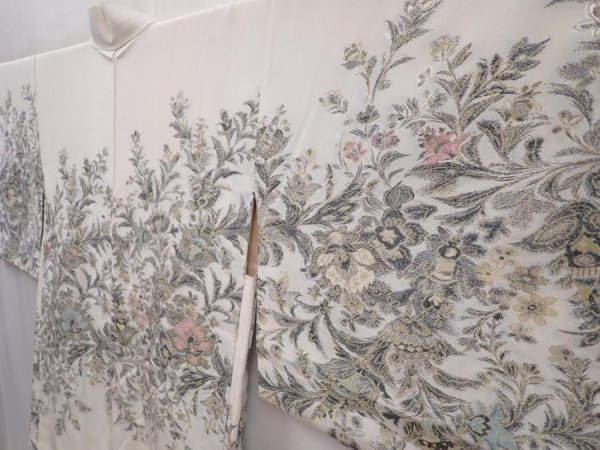 Photo2: 6012T06z670 Vintage Japanese Kimono Silk HAORI Flower Off-white (2)