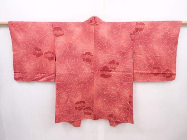 Photo1: 6012T08z580 Vintage Japanese Kimono Silk HAORI Flower Red-Pink (1)