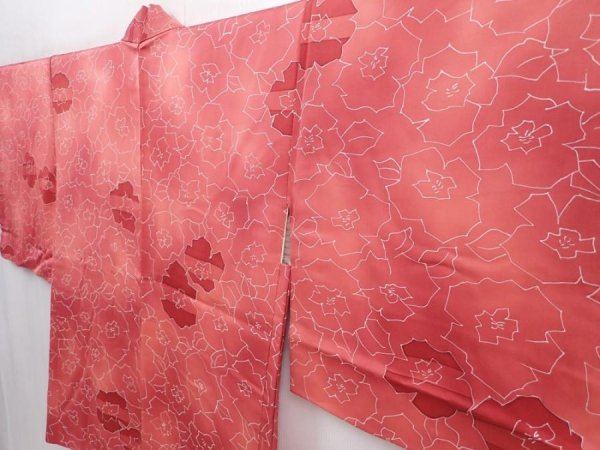 Photo2: 6012T08z580 Vintage Japanese Kimono Silk HAORI Flower Red-Pink (2)