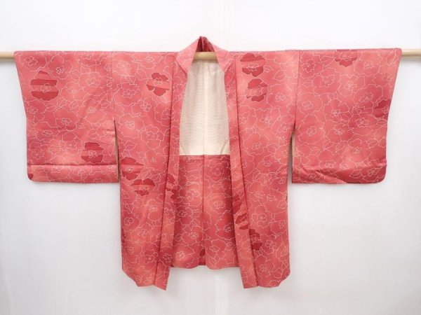 Photo5: 6012T08z580 Vintage Japanese Kimono Silk HAORI Flower Red-Pink (5)