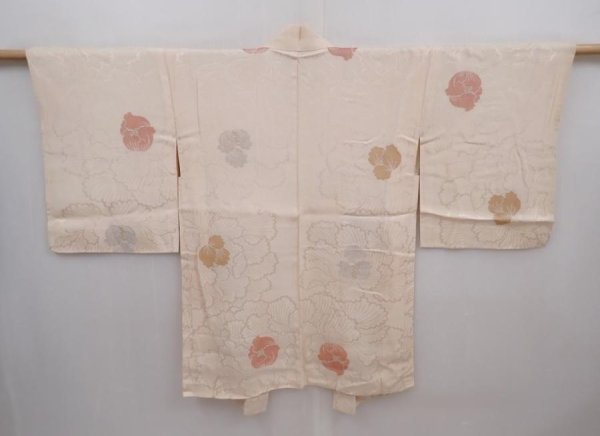 Photo1: 6012T09z570 Vintage Japanese Kimono Silk HAORI Peony Light peach (1)