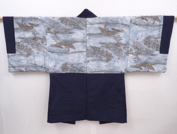 Photo1: 6012T11z610 Vintage Japanese Kimono Silk Men's HAORI 東海道五十三次 Dark navy (1)