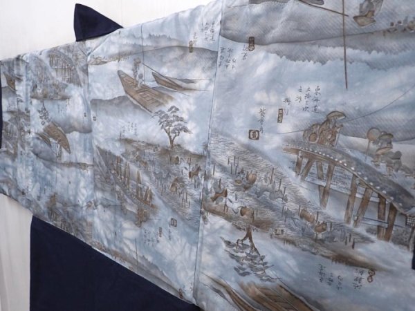 Photo2: 6012T11z610 Vintage Japanese Kimono Silk Men's HAORI 東海道五十三次 Dark navy (2)