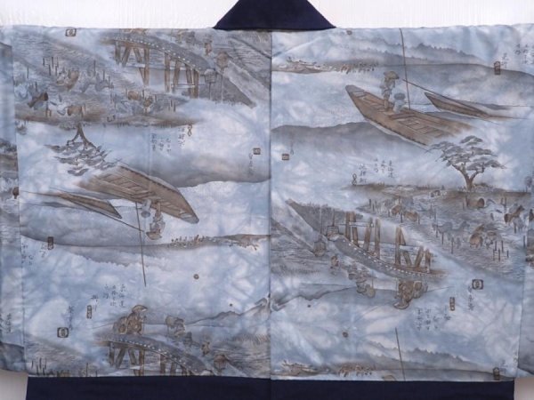 Photo3: 6012T11z610 Vintage Japanese Kimono Silk Men's HAORI 東海道五十三次 Dark navy (3)