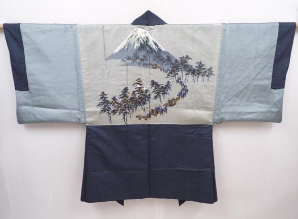 Photo1: 6012T12z550 Vintage Japanese Kimono Silk Men's HAORI Daimyogyoretsu Navy-Gray (1)