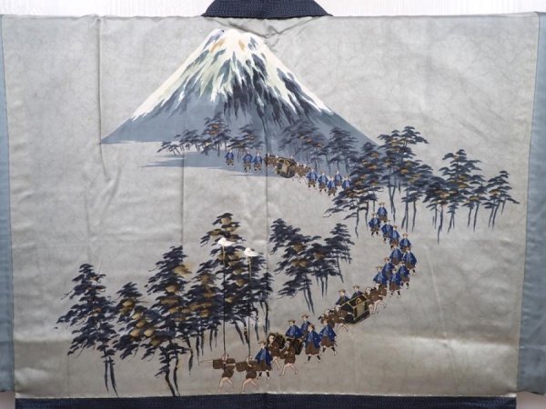 Photo2: 6012T12z550 Vintage Japanese Kimono Silk Men's HAORI Daimyogyoretsu Navy-Gray (2)