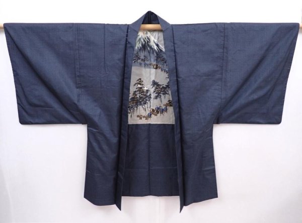 Photo5: 6012T12z550 Vintage Japanese Kimono Silk Men's HAORI Daimyogyoretsu Navy-Gray (5)