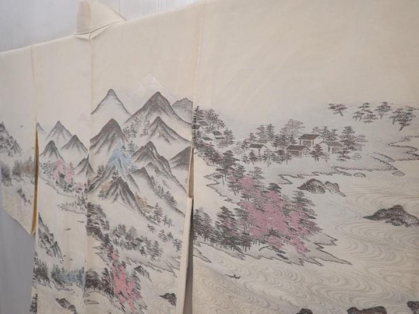 Photo2: 6012T13z590 Vintage Japanese Kimono Silk HAORI Scenery Off-white (2)