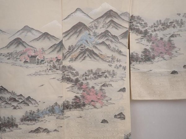 Photo3: 6012T13z590 Vintage Japanese Kimono Silk HAORI Scenery Off-white (3)