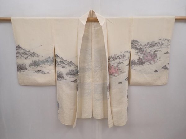 Photo6: 6012T13z590 Vintage Japanese Kimono Silk HAORI Scenery Off-white (6)
