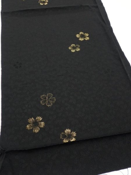 Photo2: 3D01z70  Japanese Kimono Silk  FABRIC Sakura Black 40.9x14.6 (2)