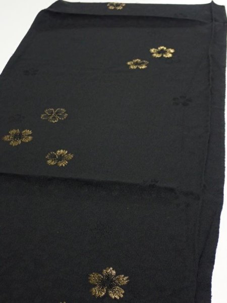 Photo3: 3D01z70  Japanese Kimono Silk  FABRIC Sakura Black 40.9x14.6 (3)