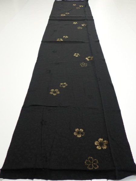 Photo5: 3D05z110  Japanese Kimono Silk  FABRIC Sakura Black 68.5x14.6 (5)