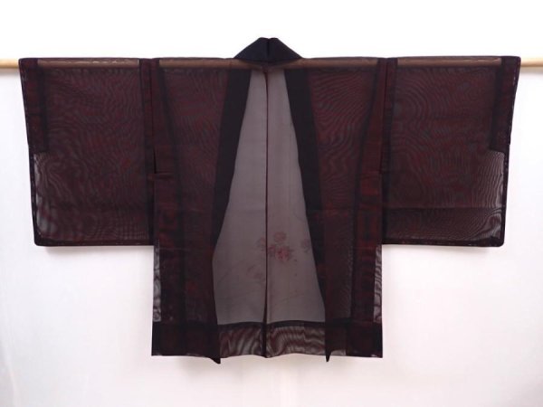 Photo1: 6015T02z190 Vintage Japanese Kimono Silk See through HAORI Flowers Black (1)