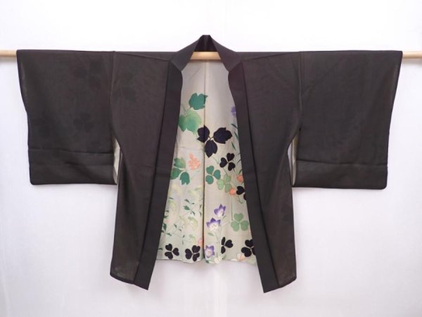 Photo1: 6015T04z420 Vintage Japanese Kimono Silk MUSOU HAORI Flowers Black (1)