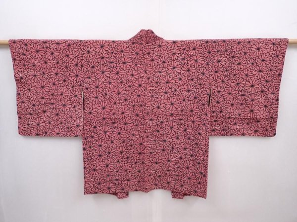 Photo1: 6015T06z410 Vintage Japanese Kimono Silk HAORI Flower Dark pink (1)