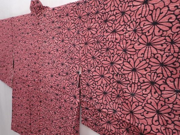 Photo2: 6015T06z410 Vintage Japanese Kimono Silk HAORI Flower Dark pink (2)
