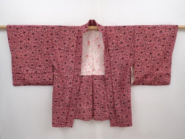 Photo5: 6015T06z410 Vintage Japanese Kimono Silk HAORI Flower Dark pink (5)