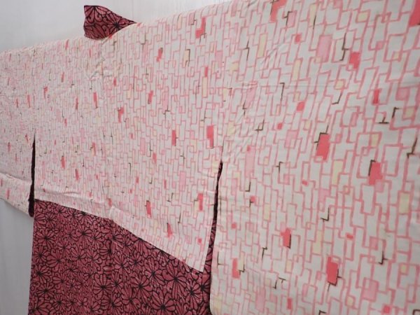 Photo7: 6015T06z410 Vintage Japanese Kimono Silk HAORI Flower Dark pink (7)