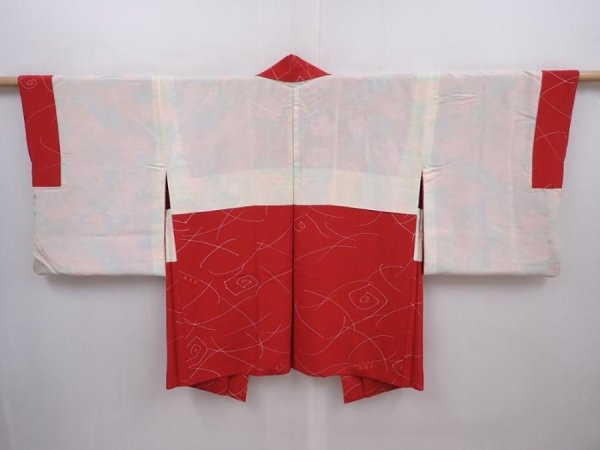 Photo7: 6015T10z530 Vintage Japanese Kimono Silk HAORI Rose Dark red (7)