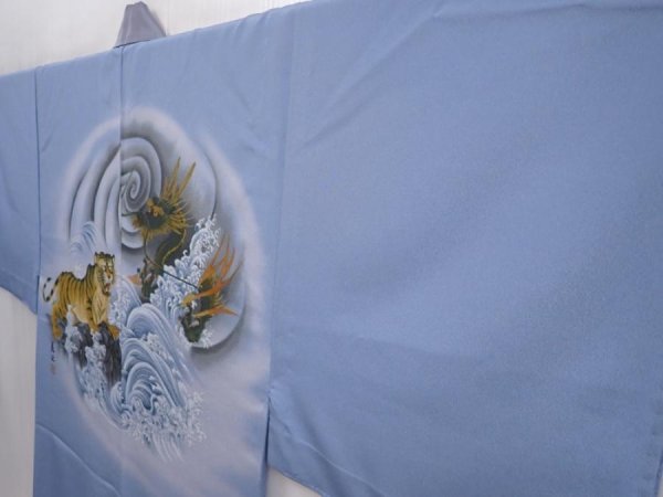 Photo2: 6015T11z390 Vintage Japanese Kimono Synthetic Men's JUBAN Tiger Light blue (2)