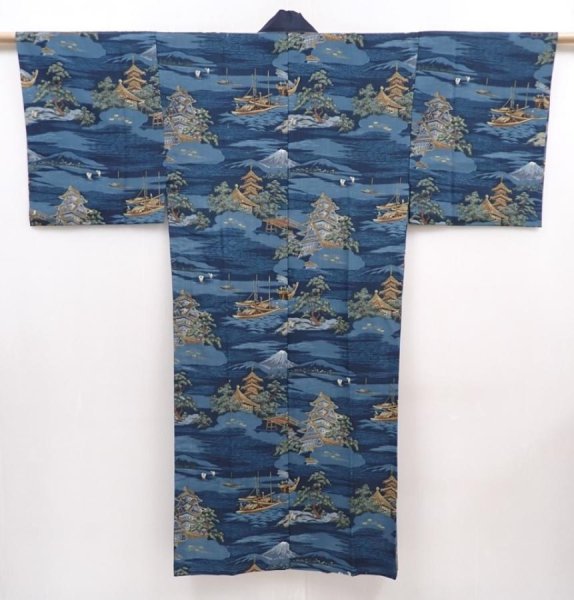 Photo1: 6015T13z470 Vintage Japanese Kimono Muslin Men's JUBAN Castle Navy (1)