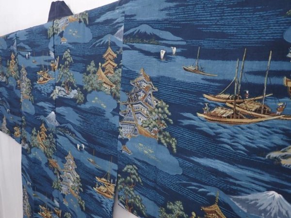 Photo2: 6015T13z470 Vintage Japanese Kimono Muslin Men's JUBAN Castle Navy (2)