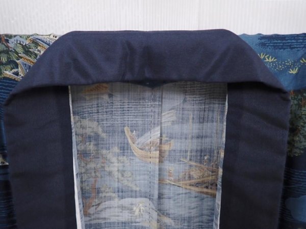 Photo6: 6015T13z470 Vintage Japanese Kimono Muslin Men's JUBAN Castle Navy (6)