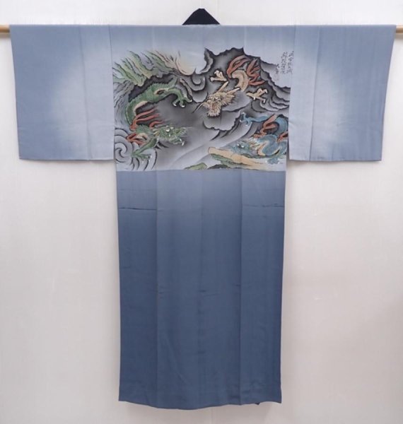 Photo1: 6015T14z410  Japanese Kimono Silk Men's JUBAN Dragon Blue-Gray (1)