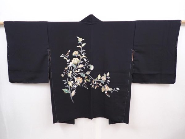 Photo1: 6016T04z550 Vintage Japanese Kimono Silk HAORI Flowers Black (1)