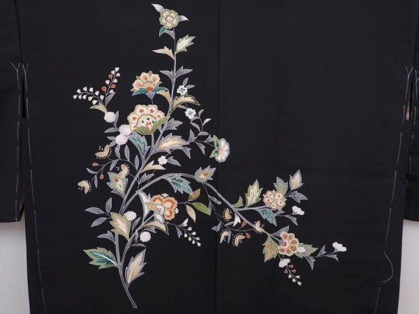 Photo3: 6016T04z550 Vintage Japanese Kimono Silk HAORI Flowers Black (3)