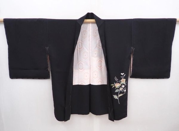 Photo5: 6016T04z550 Vintage Japanese Kimono Silk HAORI Flowers Black (5)
