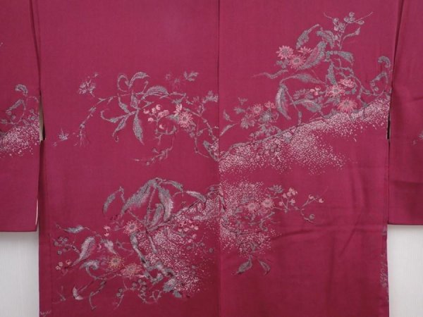 Photo3: 6016T05z510 Vintage Japanese Kimono Silk HAORI Flowers Wine red (3)
