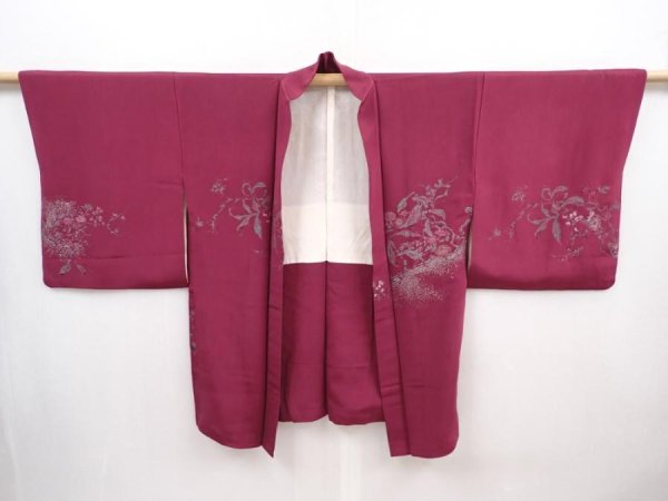 Photo5: 6016T05z510 Vintage Japanese Kimono Silk HAORI Flowers Wine red (5)