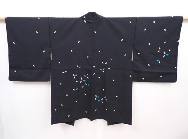 Photo1: 6016T07z520 Vintage Japanese Kimono Silk HAORI  Black (1)