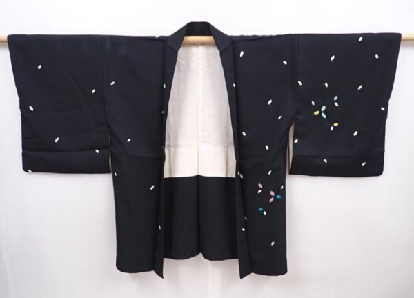 Photo5: 6016T07z520 Vintage Japanese Kimono Silk HAORI  Black (5)