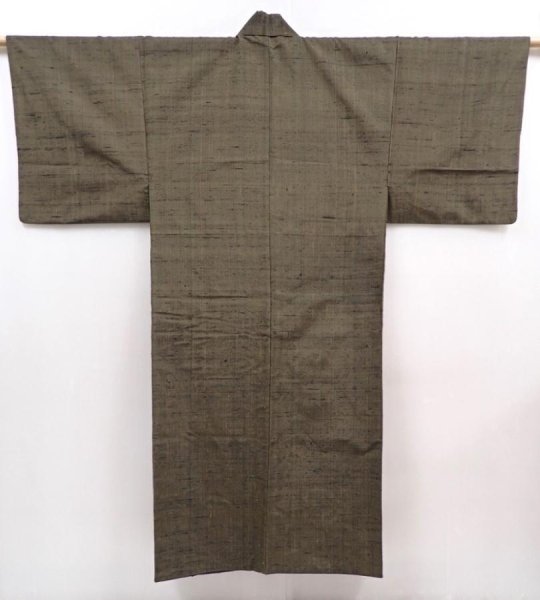 Photo1: 6016T12z780 Vintage Japanese Kimono Silk Men's   Dark olive (1)