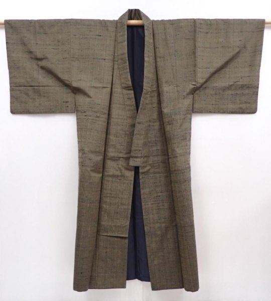 Photo6: 6016T12z780 Vintage Japanese Kimono Silk Men's   Dark olive (6)