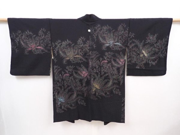 Photo1: 6016T14z620 Vintage Japanese Kimono Silk HAORI Flowers Black (1)
